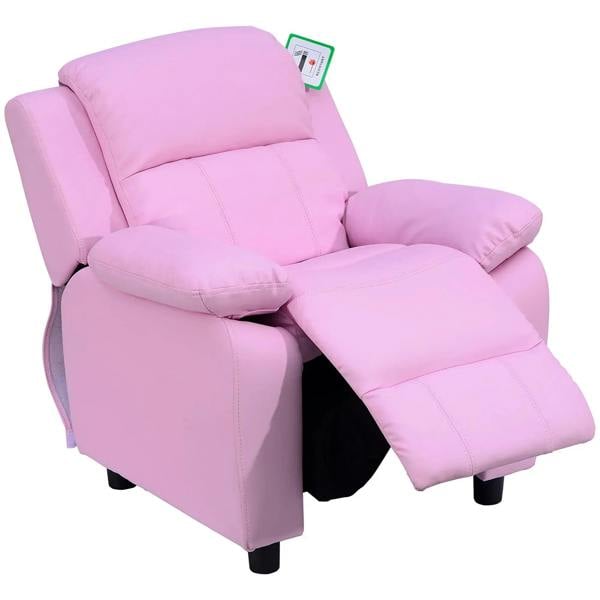 Kids pink PU leather recliner armchair with raised footrest and padded armrests