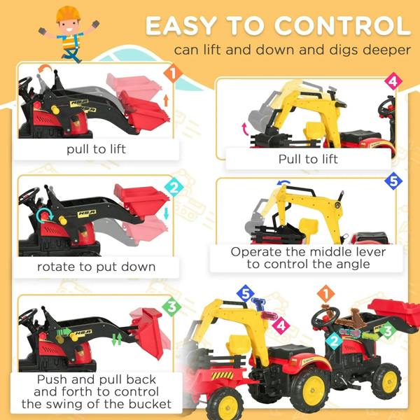 Red and yellow pedal ride-on excavator toy demonstrating bucket control levers and movement
