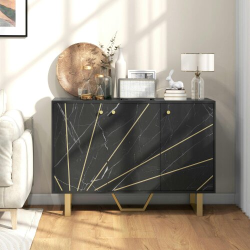 Wyld Haus Suno Black Marble Effect Sideboard Golden Metal Legs 3 Doors
