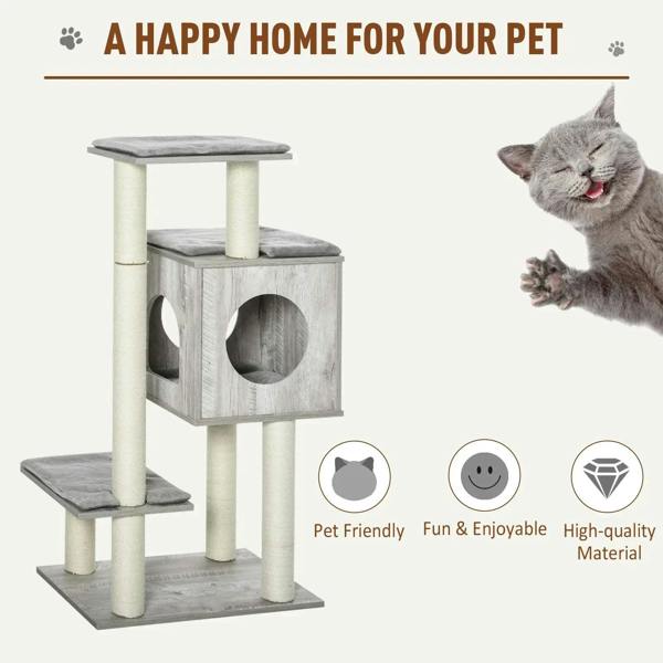 Grey cushioned cat tower with round cubby windows and three resting levels on posts