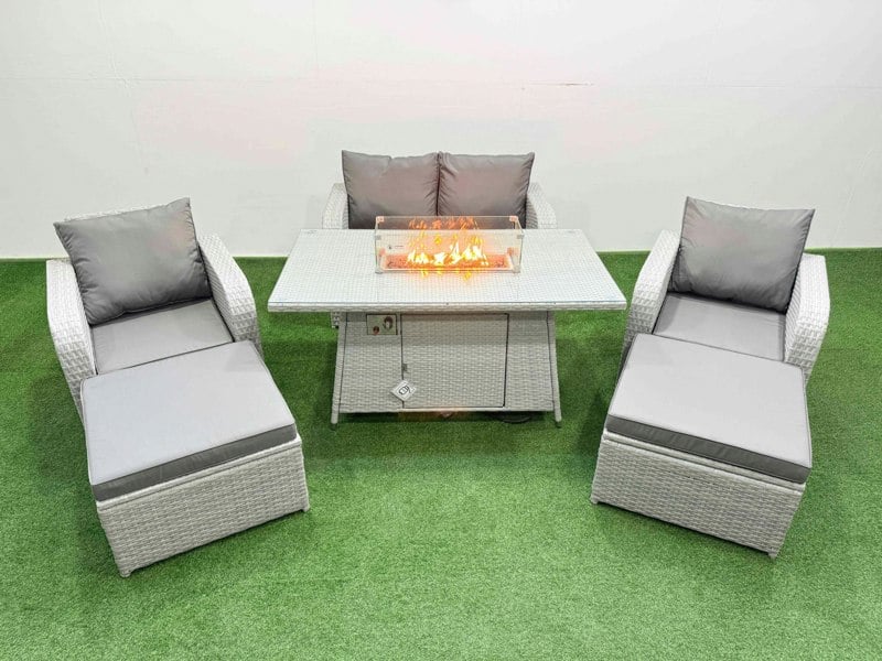 Fimous Light Grey PE Wicker Rattan Garden Furniture Set Sofa Set Reclining Chair Fire Pit Dining Table 6 Seater 2 Big Stools