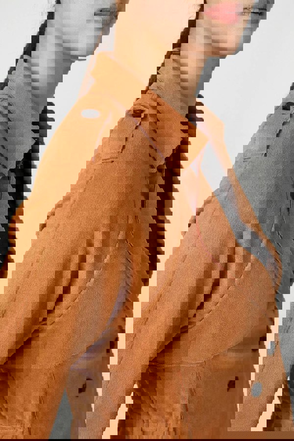 Brown | Suede Texture 3/4 Sleeve Cropped Trench Coat
