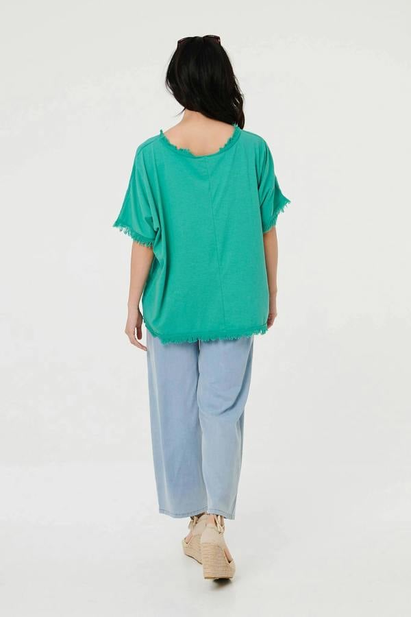 Blue | Frayed Edge Floral Embellished Top