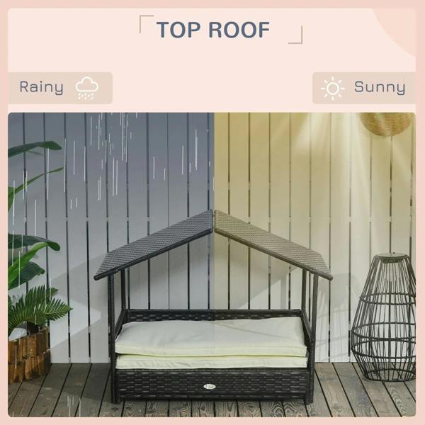 Dog bed with dark roof and cream cushion; rain-splash graphic above