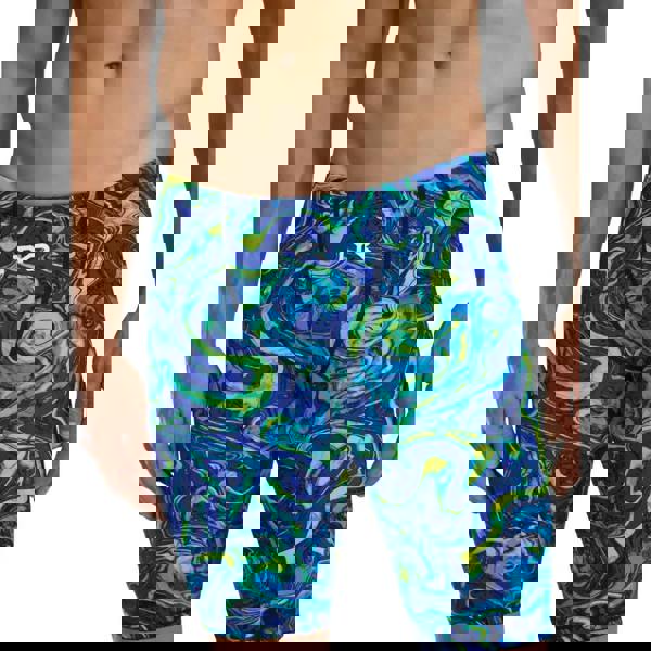 TYR Thresher Hyperblitz Swim Jammer in vibrant blue and green pattern