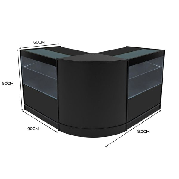 Black Selene LED shop counter set featuring a sleek, modern design with glass display shelves and rounded edges, measuring 150cm by 90cm