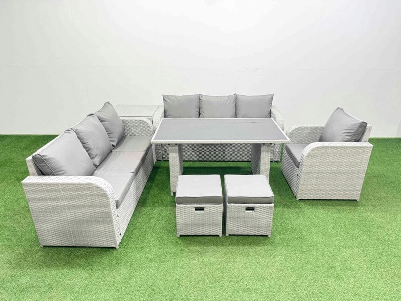 Fimous Rattan Garden Furniture Dining Set 9 seater Patio Rectangular Table Sofa Set with Side Table 2 Small Stools Light Grey