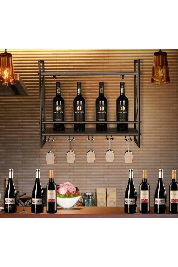 Living and Home 2-Tier Wall-Mounted Hanging Wine Storage Rack Floating Shelf with 5 Glass Holder