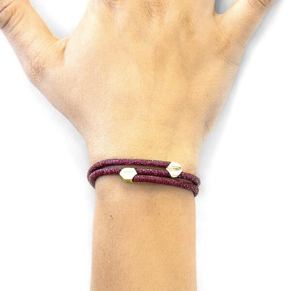 Anchor & Crew Bordeaux Red Conway 9ct Yellow Gold and Stingray Leather Bracelet