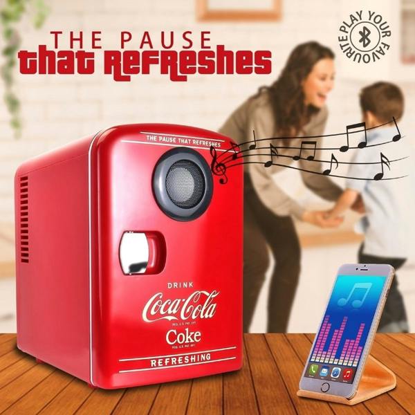 Coca-Cola Coca Cola 4L Mini Fridge For Bedrooms 6 Can 12V Portable Cooler Warmer with Bluetooth Speaker
