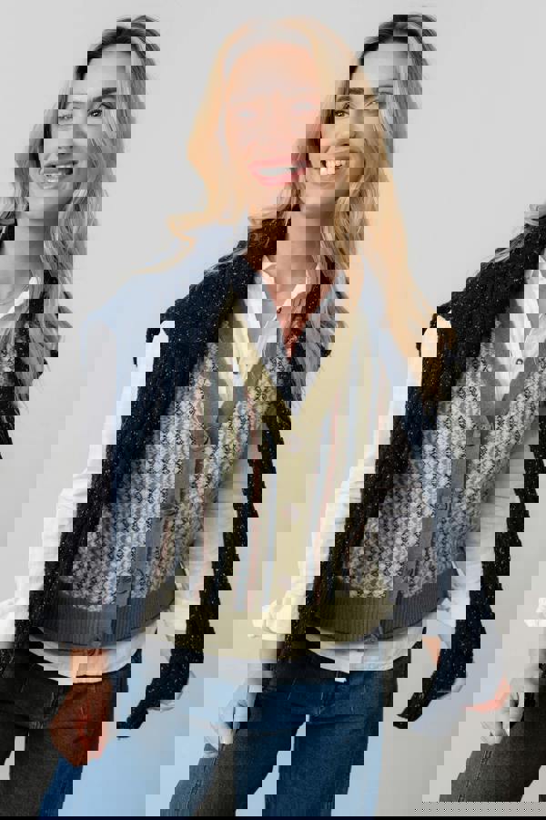 Lily & Me Gwyneth Fair Isle Sleeveless Cardigan Moss