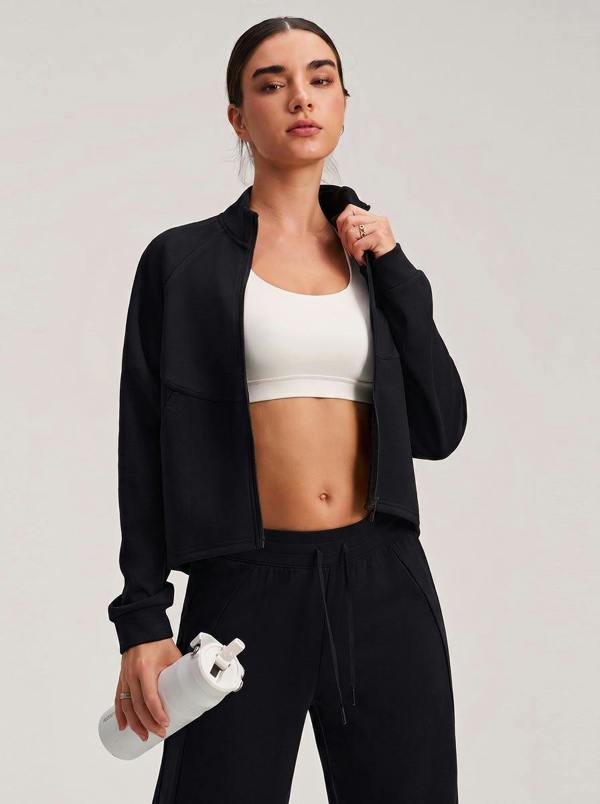 Anniou Cropped Stand Collar Athletic Jacket - Black