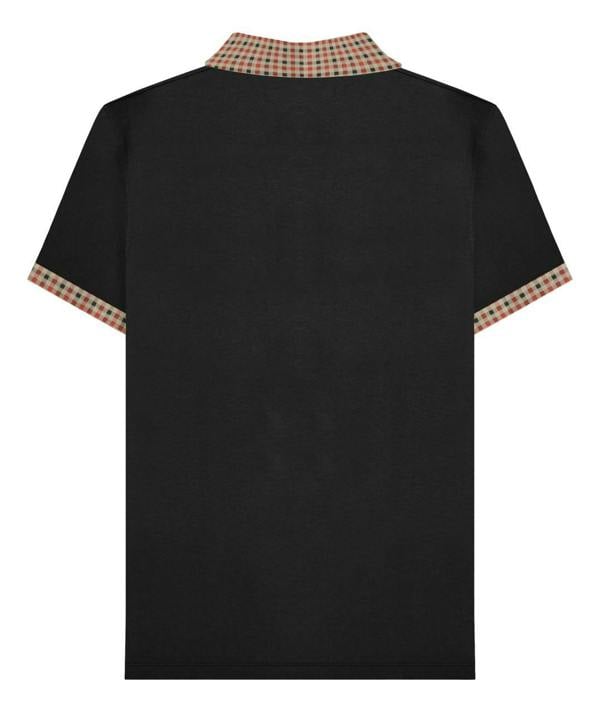 Lambretta Mens Classic Dress Gingham Mod Retro Ska Casual Polo, back view of a black polo shirt with gingham check collar and sleeve cuffs.
