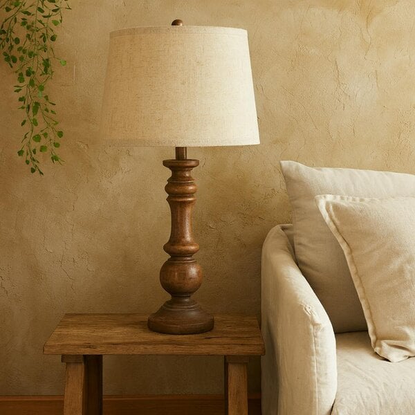 Wyld Haus Perouges Slim Wooden Pillar Table Lamp With Cream Linen Shade