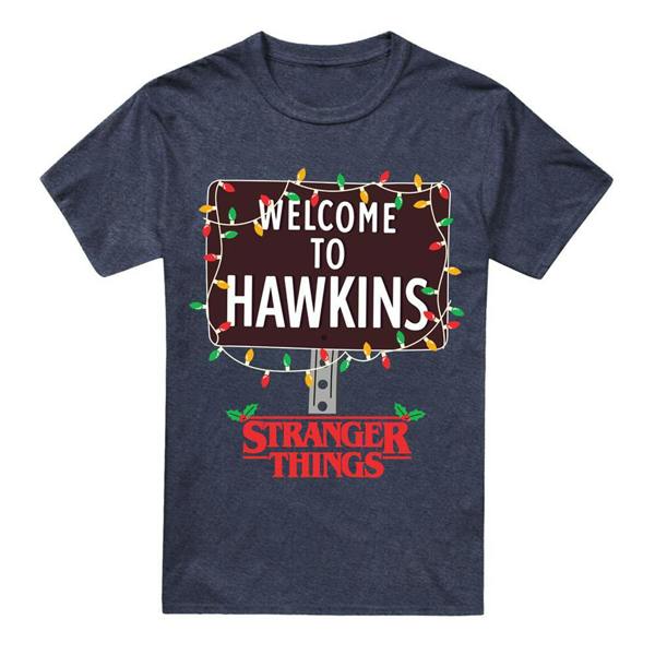 Stranger Things Unisex Adult Welcome To Hawkins Heather Christmas T-Shirt - Navy