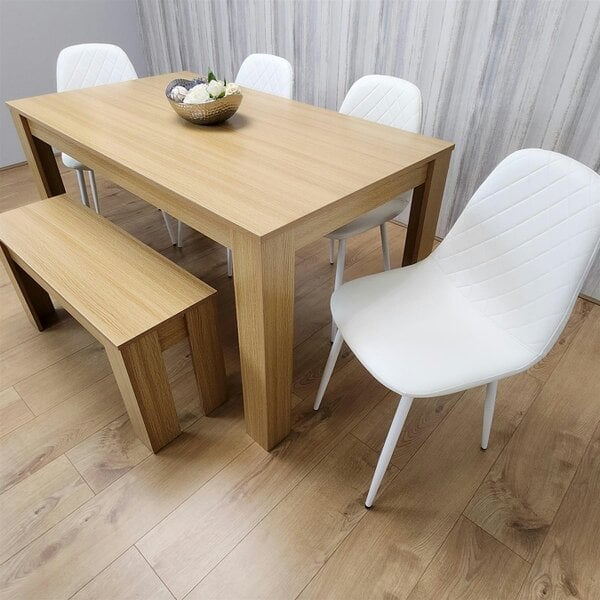 Kosy Koala Wooden Dining Table Set for 6 Oak Effect Table With 4 White Gem Patterned  Chairs and 1 Bench