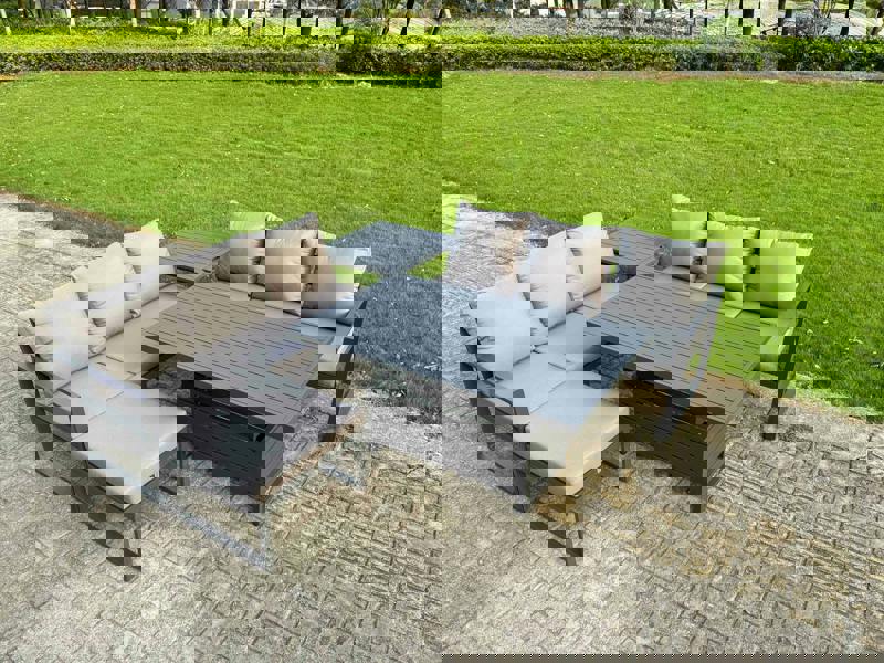 Fimous 7 Seater Aluminium Garden Furniture Set with Adjustable Rising Dining Table, 2 Sofas, Side Table & Footstool - Dark Grey