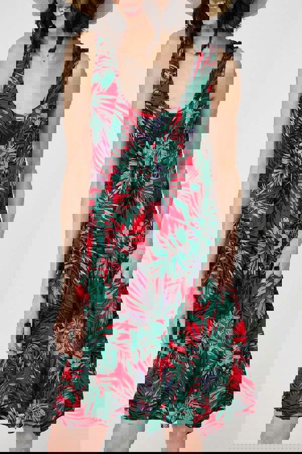 Red | Leaf Print Sleeveless Tunic Dress