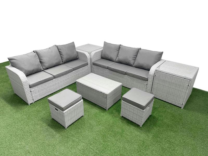 Fimous 8 Seater Outdoor Rattan Set, Wicker, Coffee Table, High Back Lounge Sofa, Stools and 2 Side Tables, Light Grey