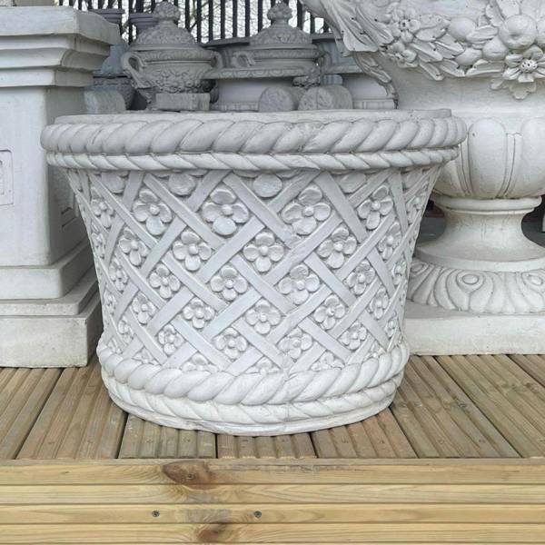 PDA Large Round White Stone Cast Wicker/Flower Design Planter Pot