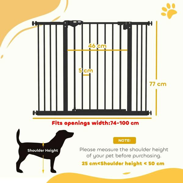 Black safety gate diagram with width and height measurement markers