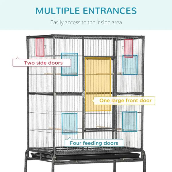 Black bird cage with multiple entry doors and large front door; wire grid front view