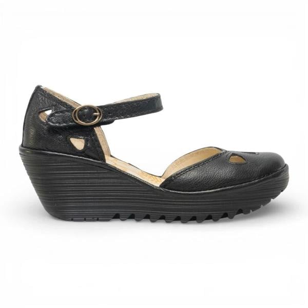 Fly London YUNA - Women’s Black Leather Wedge Sandals