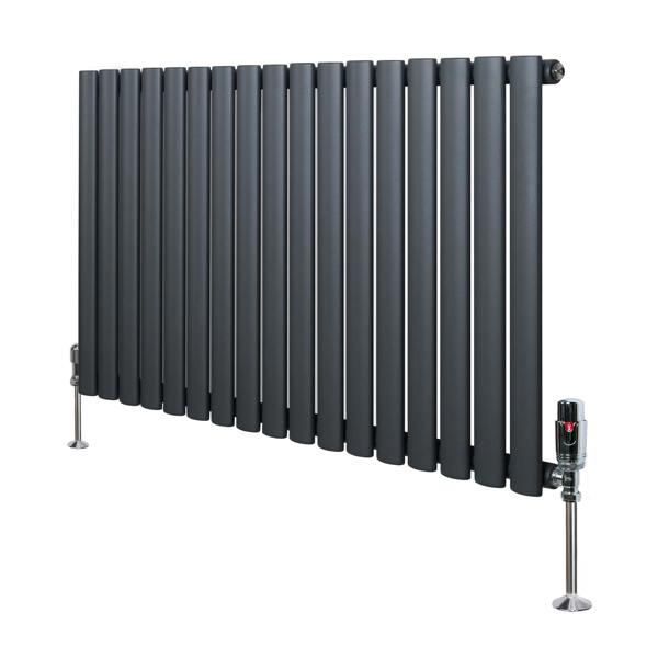Oval single column radiator in anthracite grey, featuring sleek vertical bars and polished valves, ideal for modern interiors