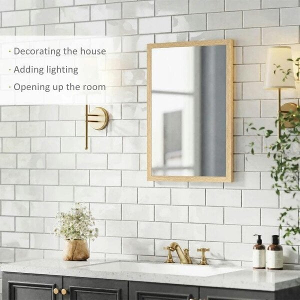 Bobobiy Wall Bathroom Mirror, 70 x 50 cm Wall-Mounted Mirror for Living Room, Bedroom, Hallway, Natural Wood