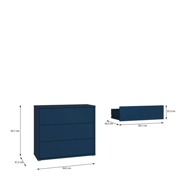 Alice Springs 3 Drawer Chest with Push-to-Open Drawers in Night Blue and White