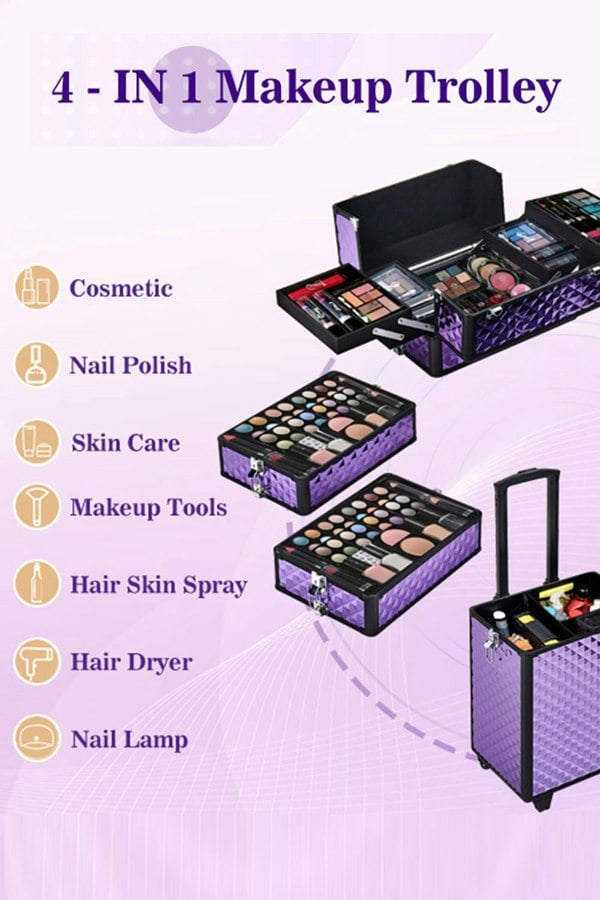 Living and Home 4 in 1 Professional Cosmetic Makeup Train Case Makeup Trolley Luggage