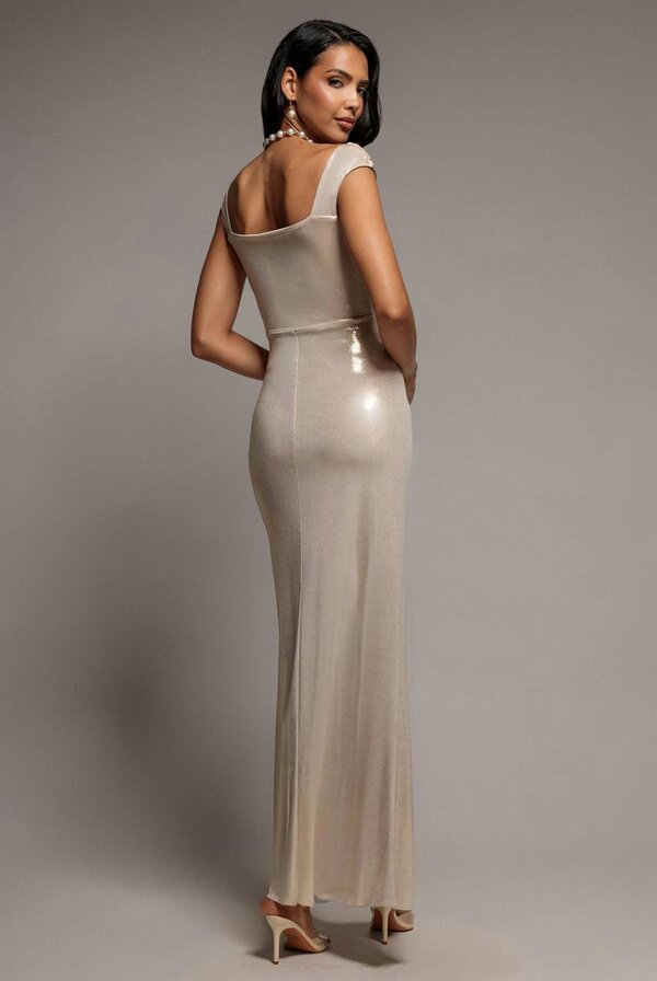 Goddiva Off The Shoulder Corset Wrap Corset Foil Maxi Dress - Gold by Goddiva