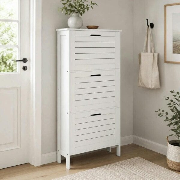 Bobobiy Narrow Shoe Cabinet with 3 Flip Drawers - White