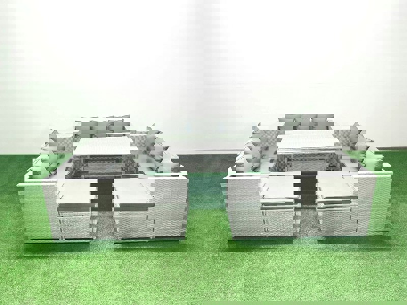 Fimous Rattan Garden Outdoor Furniture Set 11 Seater Garden Sofa Rectangulr Dining Table Set with 2 Big Footstools Light Grey Mixed