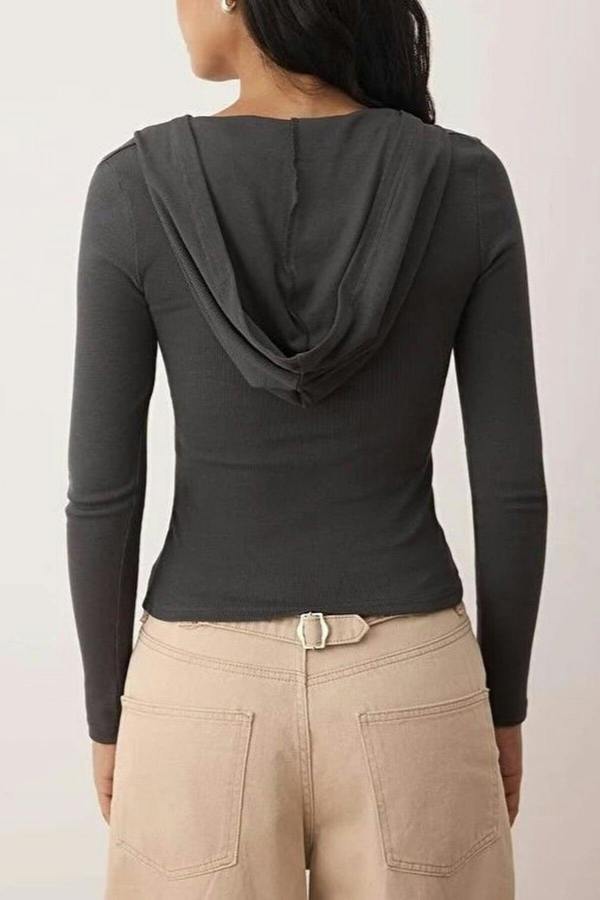 WOVCOR Ribbed Buttoned Knit Blouse with Hood