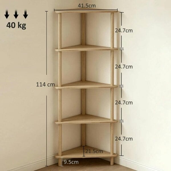 Bamboo Storage Shelf, 5-tier Corner Shelf, Freestanding Shelving Unit for Living Room, Home Office, Natural Wood Finish