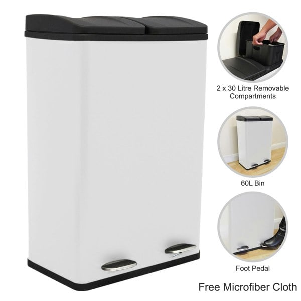 Monstershop 60L Dual-Compartment Kitchen Pedal Bin - White