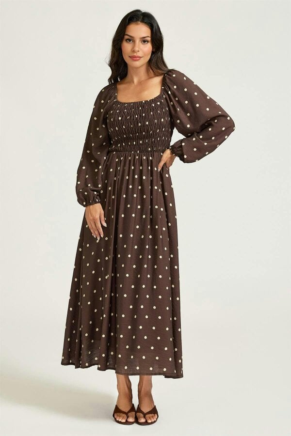 FS Collection Brown Dot Print Square Neck Midi Dress