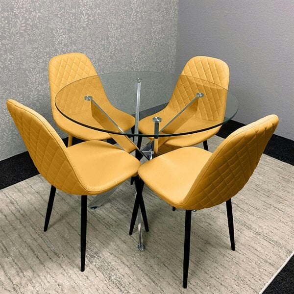 Kosy Koala Round Glass Dining Table Set With 4 Mustard Gem Pattern Chairs Dining Room Furniture