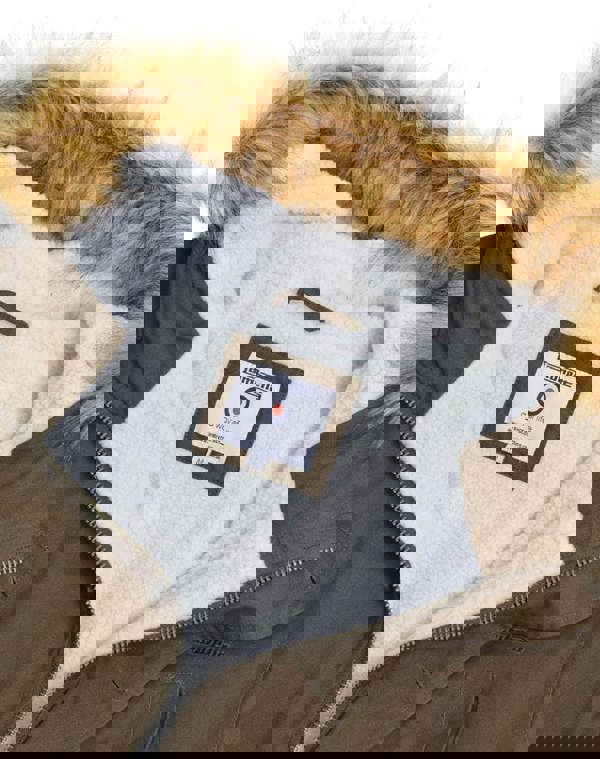 Lambretta Mens/Womens Carnaby Scooter Hooded Classic Mod Ska Badge Parka, close-up of the brown parka with a fur-lined hood and white fleece interior showing the Lambretta label.