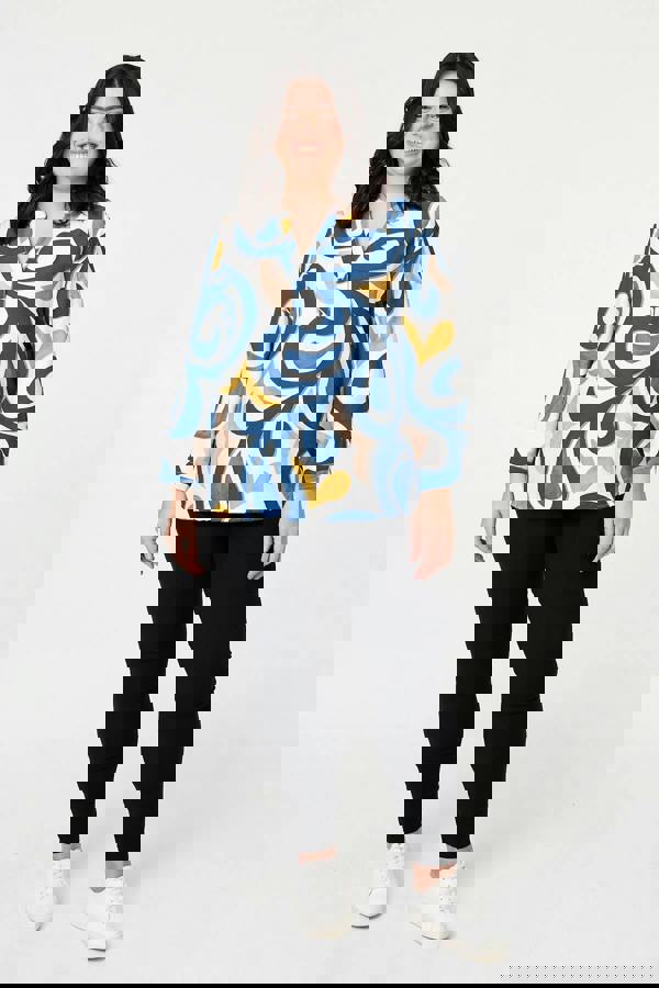 Blue | Curve Abstract Turn-Up Sleeve Blouse