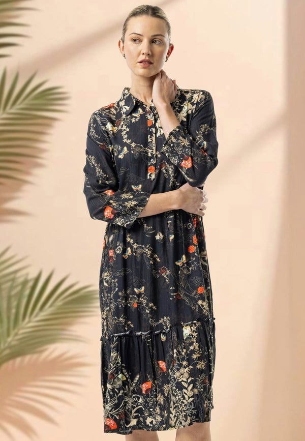 ANGELEYE Deluxe Luxurious Viscose Twill Black Shirt Midi Dress in Premium Floral Print