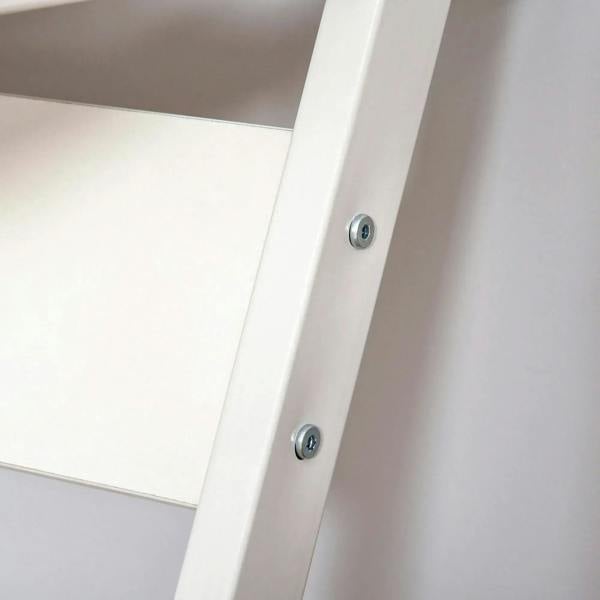White desk frame corner with screws and metal hardware