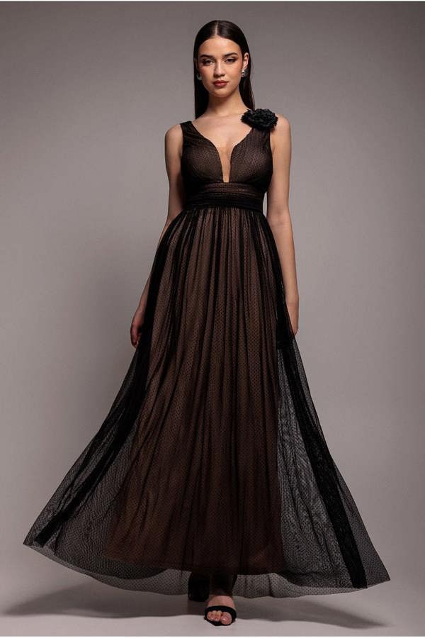 Sleeveless Pleated Dobby Mesh Corsage Maxi Dress - Black DR4294