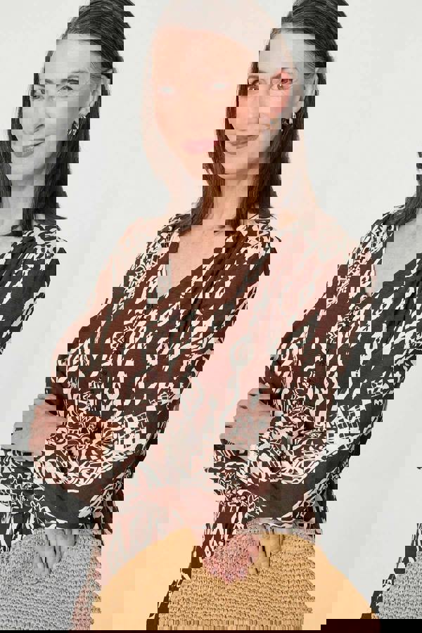 Brown | Printed Tiered V-Neck Knee Length Dress