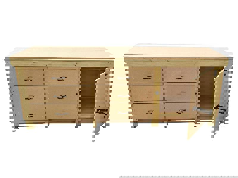 Wooden MDF Top Workbench – Durable Tool Cabinet Featuring a Lockable Cupboard for Secure Storage, Multiple Drawers for Organization, and a Sturdy Design. Ideal for Dry Indoor Spaces Such as Garages, Workshops, and Studios