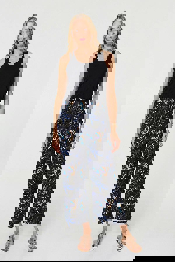 Black | Printed Tie Waist Wide Trousers
