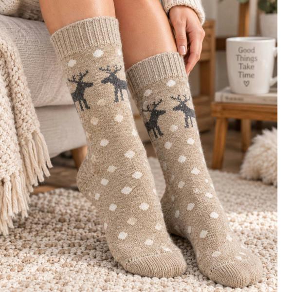 Ladies Wool Blend Christmas Reindeer Socks – Warm Winter Socks UK 4-7