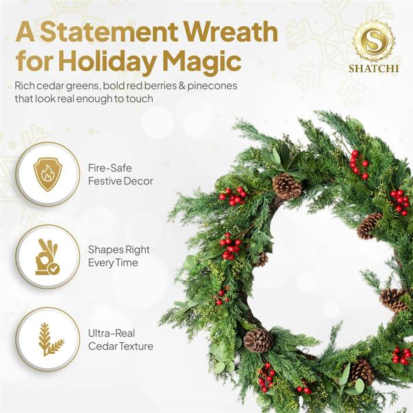 90cm Artificial Cedar Christmas Wreath with Red Berries and Pinecones, Green Seasonal Door Decor image 3