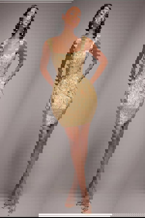 Corset Balloon Skirt Lace Up Back Mini Dress - Gold DR4778